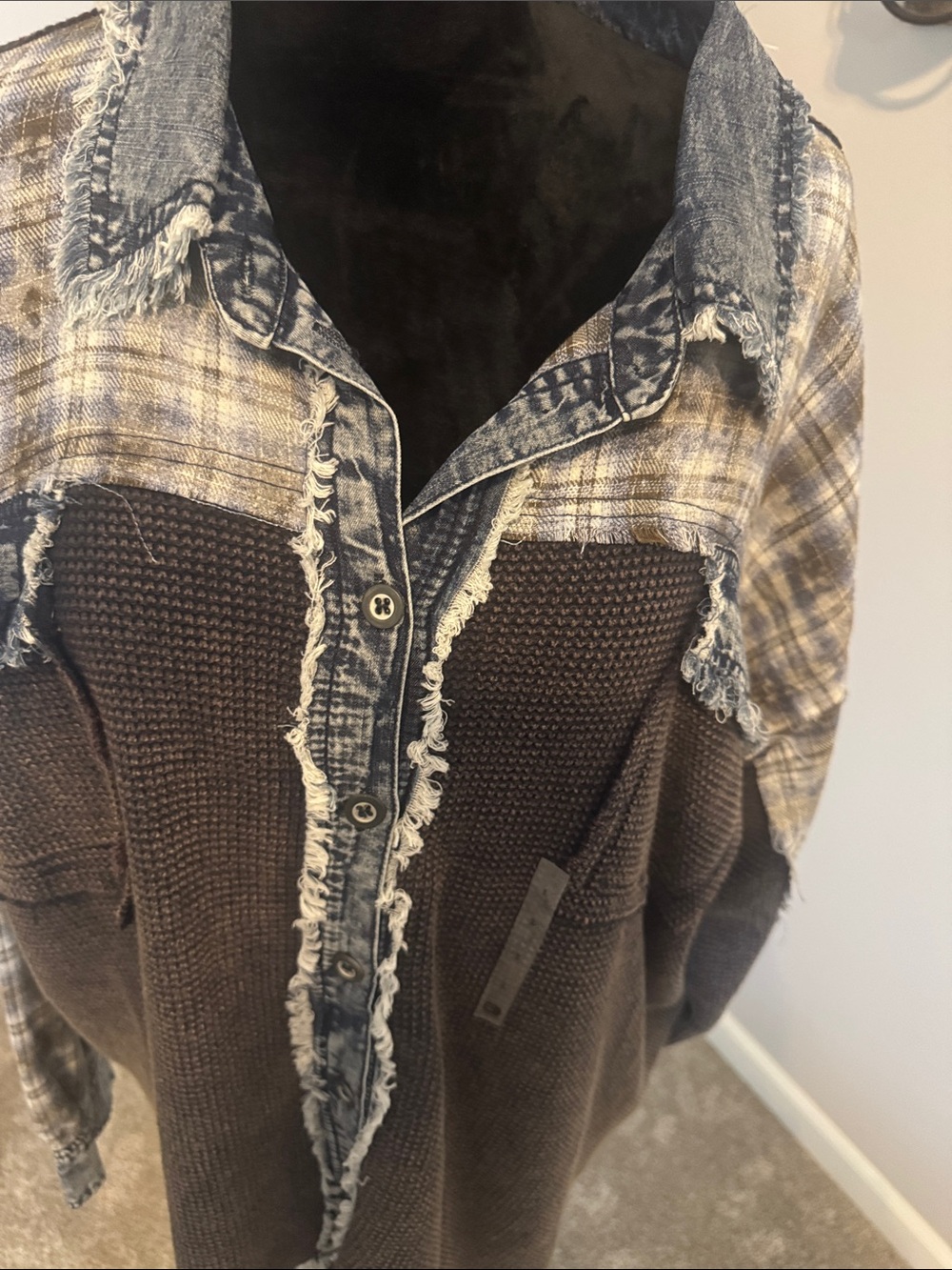 BKE Brown Knit Button-Down with Plaid Yoke and Distressed Denim Trim - Picture 4 of 8